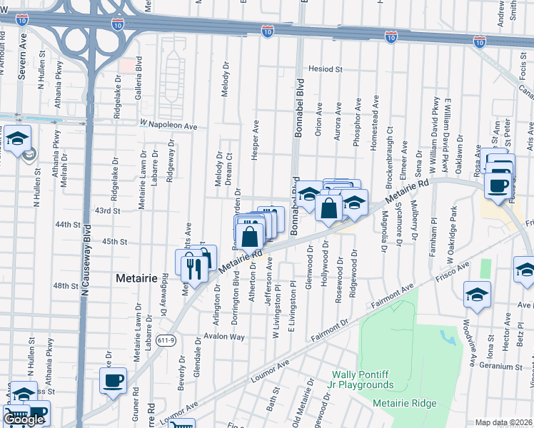 map of restaurants, bars, coffee shops, grocery stores, and more near 616 Codifer Boulevard in Metairie