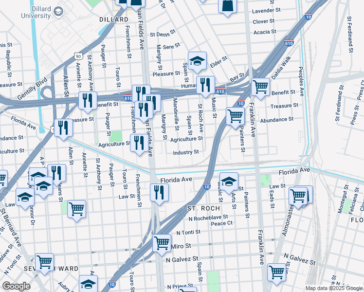 map of restaurants, bars, coffee shops, grocery stores, and more near 2319 Agriculture Street in New Orleans