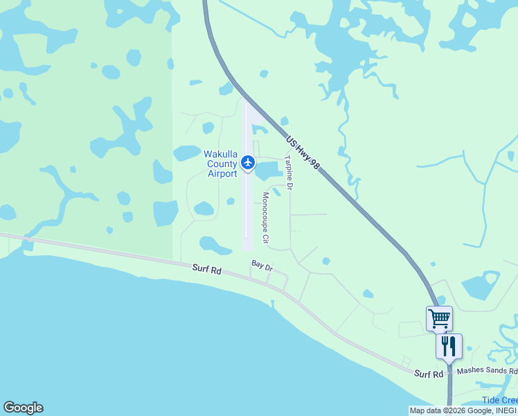 map of restaurants, bars, coffee shops, grocery stores, and more near 8 Stinson Taxiway in Ochlockonee Bay
