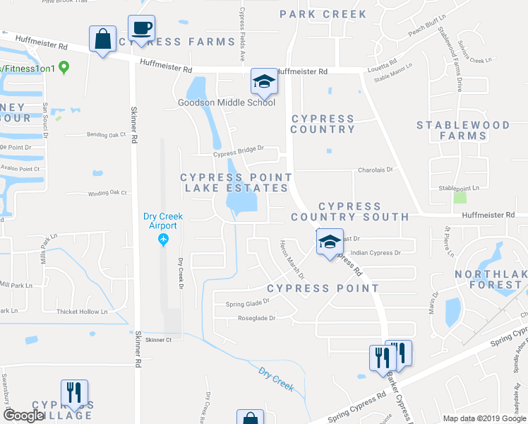 map of restaurants, bars, coffee shops, grocery stores, and more near 14611 Whispering Cypress Drive in Cypress