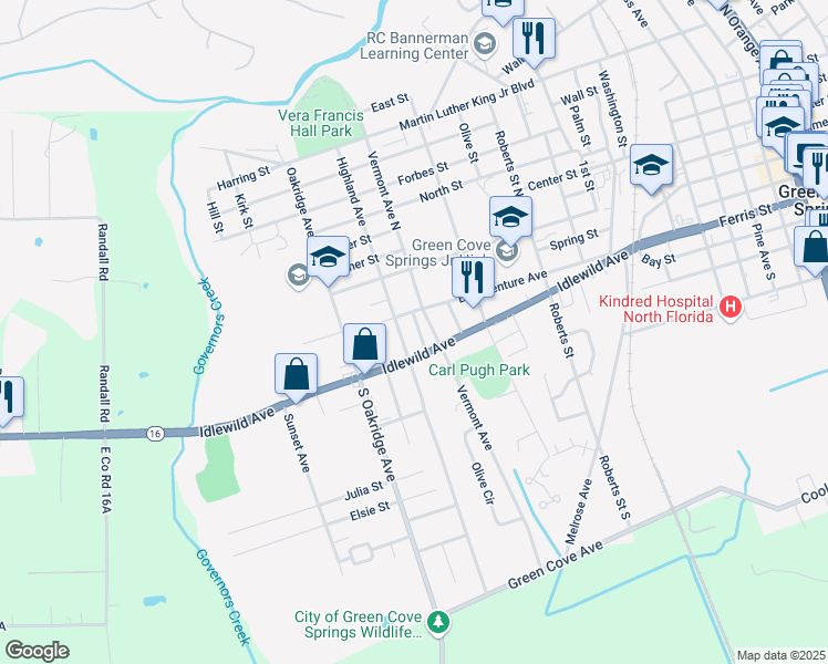 map of restaurants, bars, coffee shops, grocery stores, and more near 105 Jack Street in Green Cove Springs