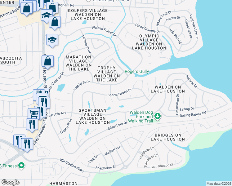 map of restaurants, bars, coffee shops, grocery stores, and more near 8311 Sports Haven Drive in Humble