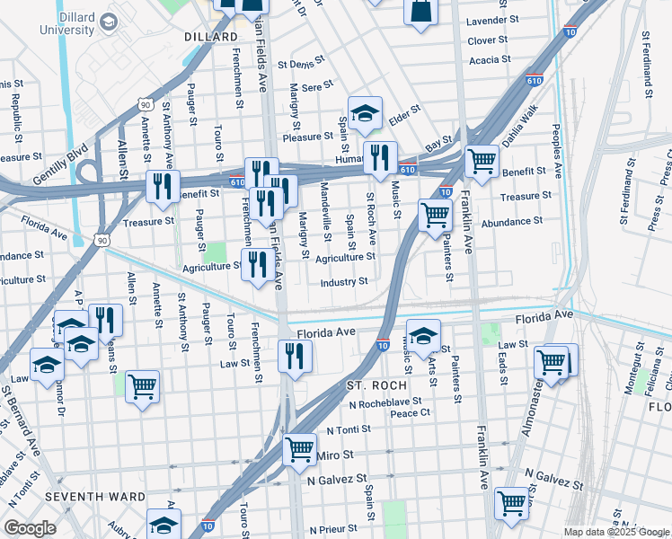 map of restaurants, bars, coffee shops, grocery stores, and more near 2319 Agriculture Street in New Orleans