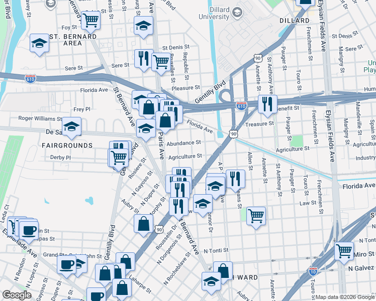 map of restaurants, bars, coffee shops, grocery stores, and more near 1678 Abundance Street in New Orleans