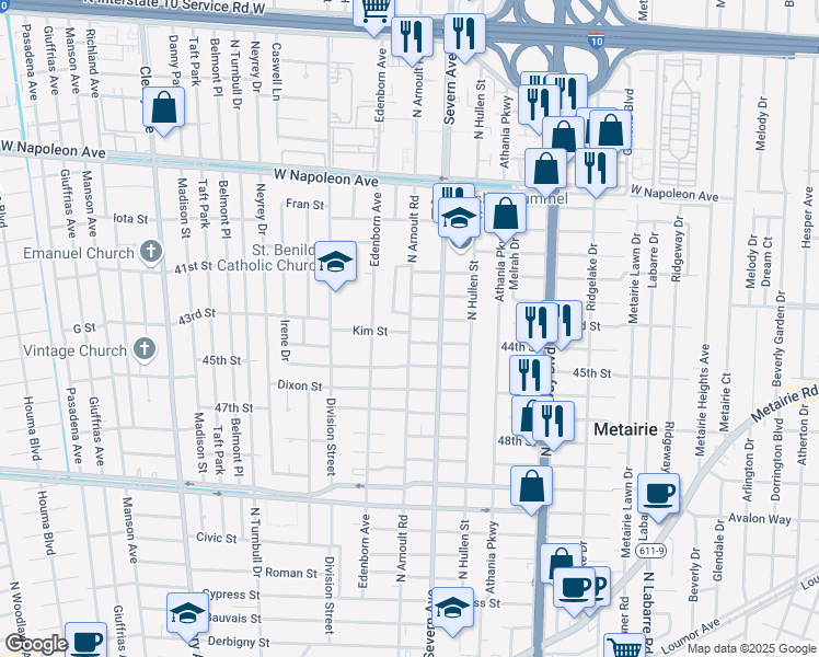 map of restaurants, bars, coffee shops, grocery stores, and more near 1700 Woods Drive in Metairie