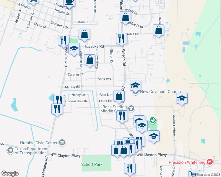 map of restaurants, bars, coffee shops, grocery stores, and more near 1511 McDugald Road in Humble