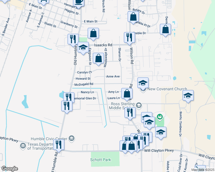 map of restaurants, bars, coffee shops, grocery stores, and more near 1409 McDugald Road in Humble