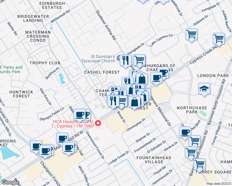 map of restaurants, bars, coffee shops, grocery stores, and more near 4643 Cashel Circle in Houston