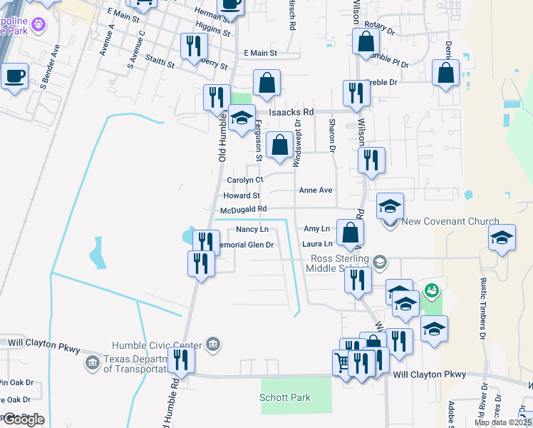 map of restaurants, bars, coffee shops, grocery stores, and more near 1107 McDugald Road in Humble