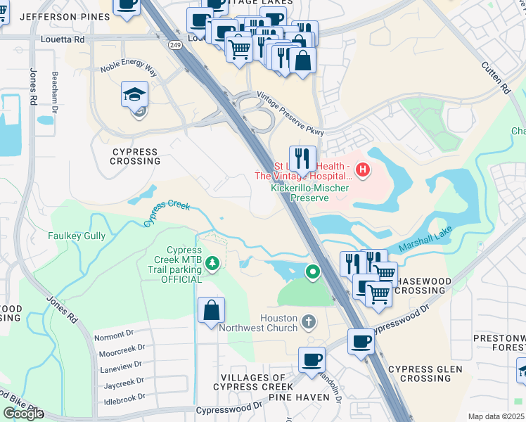 map of restaurants, bars, coffee shops, grocery stores, and more near 20329 Texas 249 in Houston