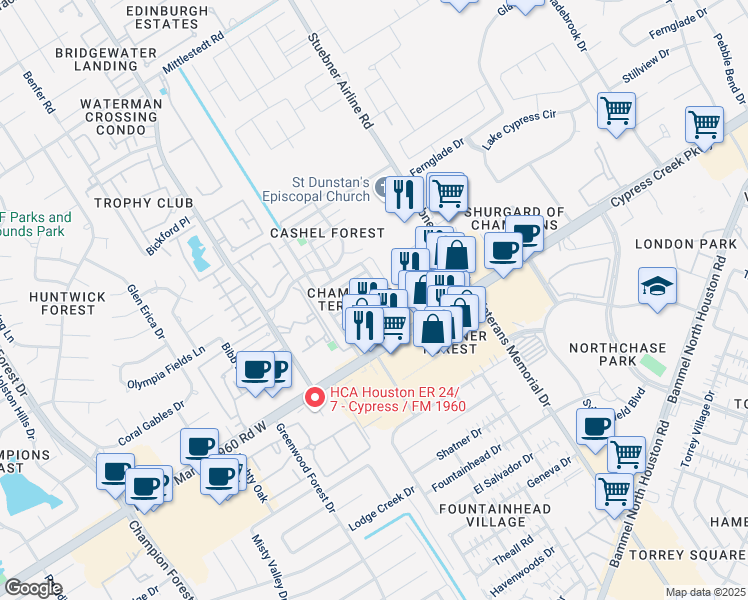 map of restaurants, bars, coffee shops, grocery stores, and more near 4643 Cashel Circle in Houston