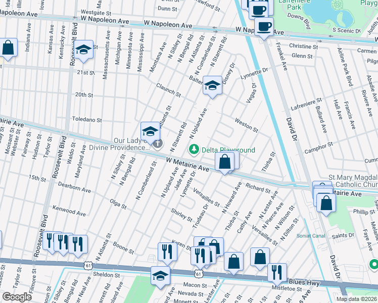 map of restaurants, bars, coffee shops, grocery stores, and more near 8301 West Metairie Avenue in Metairie
