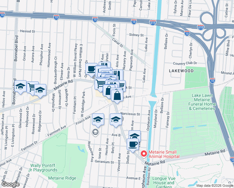 map of restaurants, bars, coffee shops, grocery stores, and more near 129 Aris Avenue in Metairie
