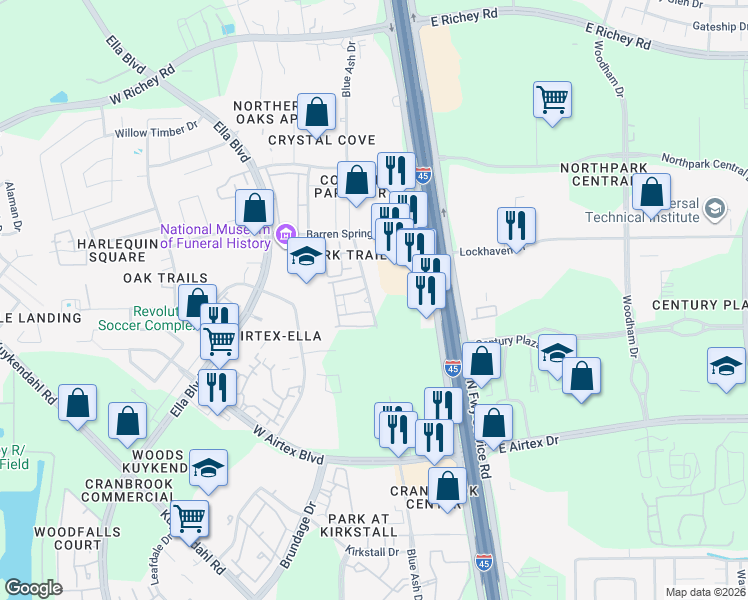 map of restaurants, bars, coffee shops, grocery stores, and more near 15011510 Blue Ash Drive in Houston