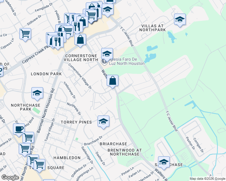 map of restaurants, bars, coffee shops, grocery stores, and more near 14039 Walters Road in Houston