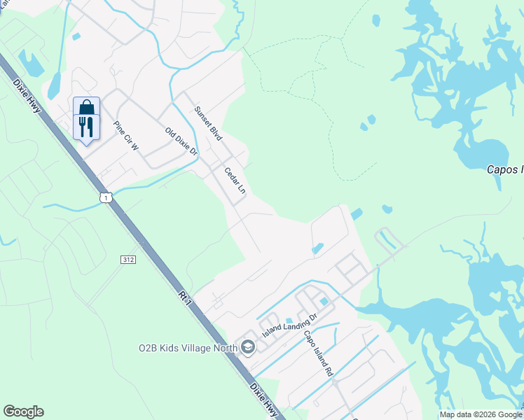 map of restaurants, bars, coffee shops, grocery stores, and more near 6210 Cedar Lane in St. Augustine