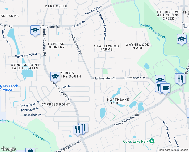 map of restaurants, bars, coffee shops, grocery stores, and more near 14511 Rustic Fields Lane in Cypress