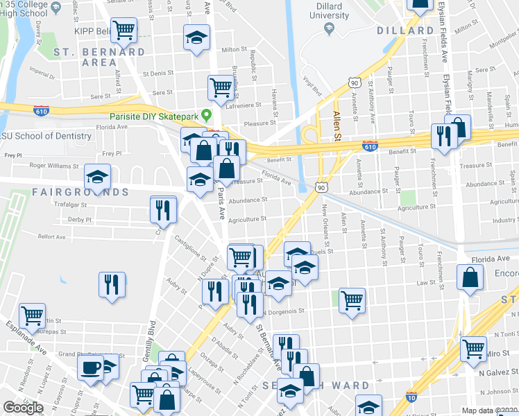 map of restaurants, bars, coffee shops, grocery stores, and more near 1678 Abundance Street in New Orleans