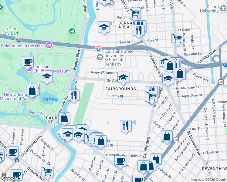 map of restaurants, bars, coffee shops, grocery stores, and more near 3714 Trafalgar Street in New Orleans
