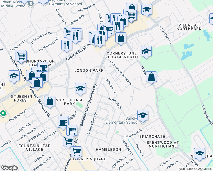 map of restaurants, bars, coffee shops, grocery stores, and more near 14726 Ridgechase Lane in Houston