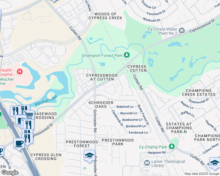 map of restaurants, bars, coffee shops, grocery stores, and more near Cypresswood Drive in Houston