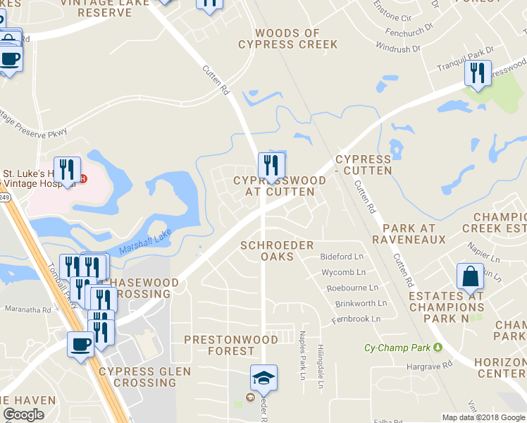 map of restaurants, bars, coffee shops, grocery stores, and more near 9835 Cypresswood Drive in Houston