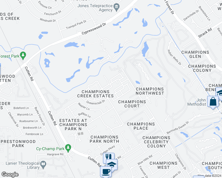 map of restaurants, bars, coffee shops, grocery stores, and more near 6729 Tournament Drive in Houston