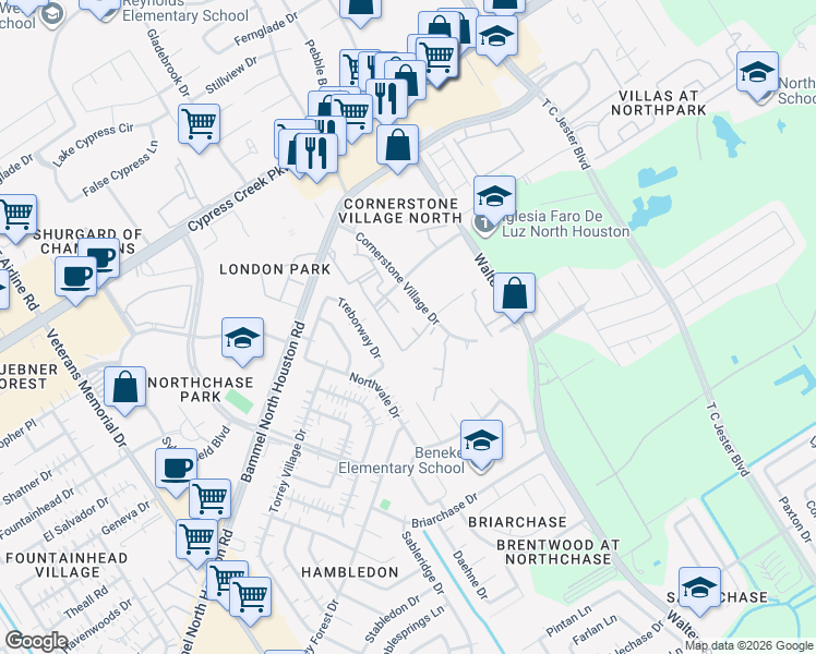 map of restaurants, bars, coffee shops, grocery stores, and more near 14365 Cornerstone Village Drive in Houston