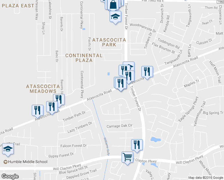 map of restaurants, bars, coffee shops, grocery stores, and more near 5037 Atascocita Road in Atascocita