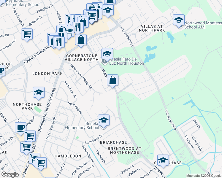 map of restaurants, bars, coffee shops, grocery stores, and more near 14138 Cornerstone Village Drive in Houston