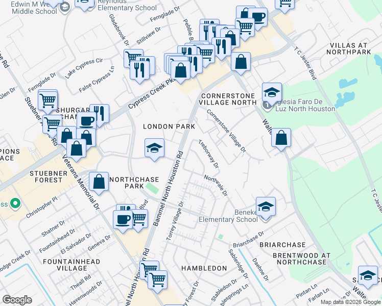 map of restaurants, bars, coffee shops, grocery stores, and more near 14726 Ridgechase Lane in Houston