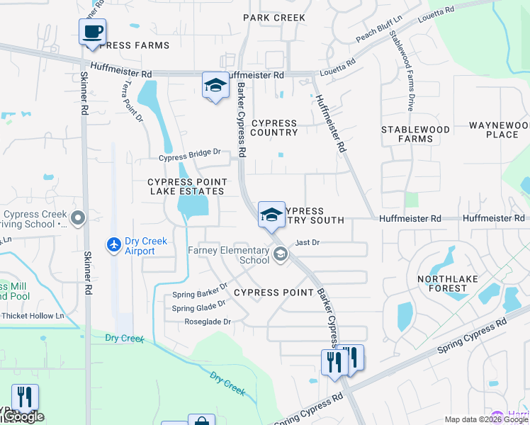 map of restaurants, bars, coffee shops, grocery stores, and more near 16218 Barklea Road in Cypress