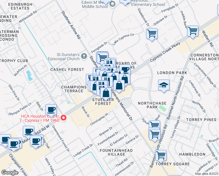 map of restaurants, bars, coffee shops, grocery stores, and more near 4502 Cypress Creek Parkway in Houston