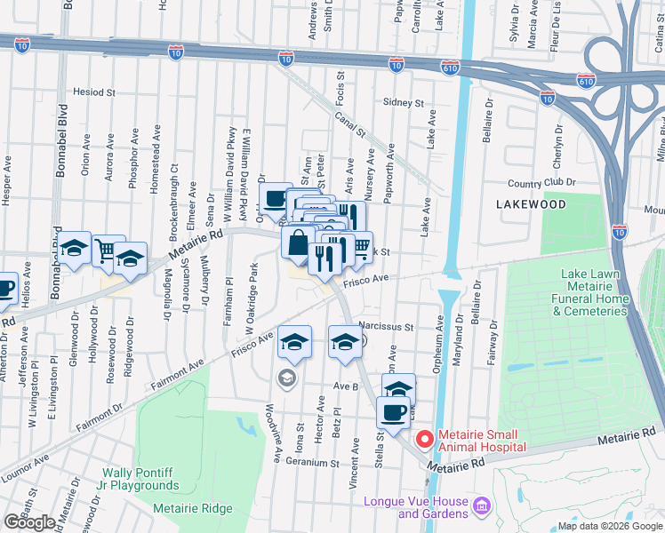 map of restaurants, bars, coffee shops, grocery stores, and more near 701 Metairie Road in Metairie