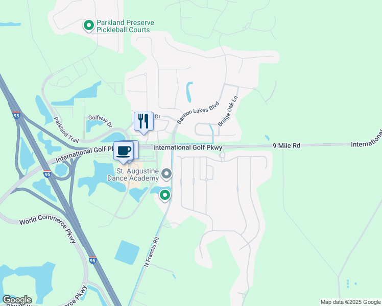 map of restaurants, bars, coffee shops, grocery stores, and more near 182 Bronson Parkway in St. Augustine