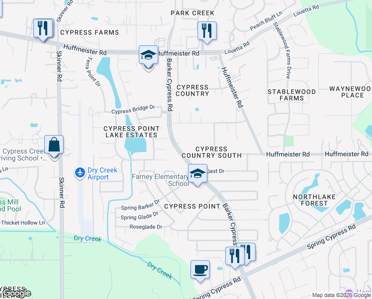 map of restaurants, bars, coffee shops, grocery stores, and more near 16218 Barklea Road in Cypress