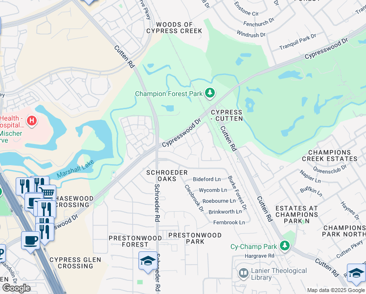 map of restaurants, bars, coffee shops, grocery stores, and more near Cypresswood Drive in Houston