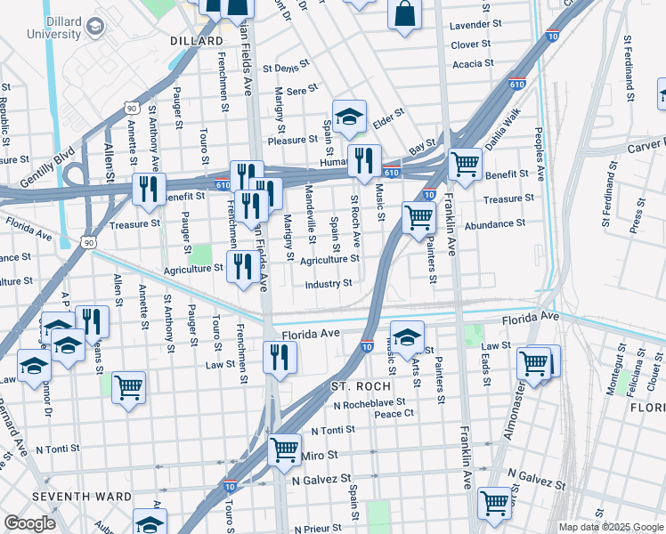 map of restaurants, bars, coffee shops, grocery stores, and more near 2319 Agriculture Street in New Orleans