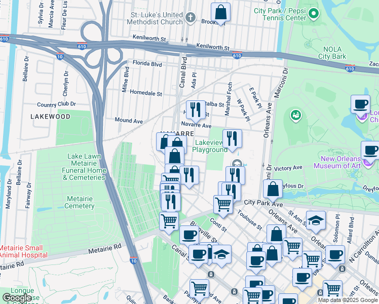 map of restaurants, bars, coffee shops, grocery stores, and more near 810 Voisin Street in New Orleans