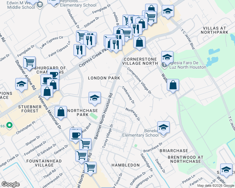 map of restaurants, bars, coffee shops, grocery stores, and more near 14726 Ridgechase Lane in Houston
