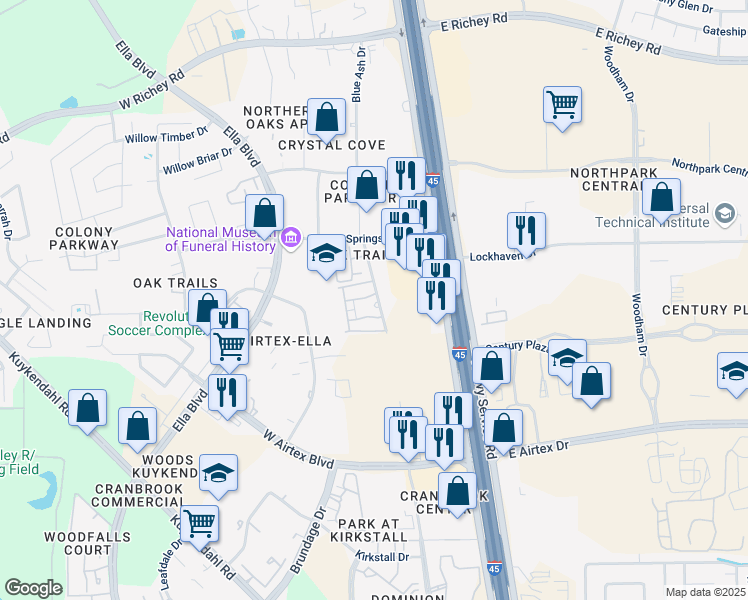 map of restaurants, bars, coffee shops, grocery stores, and more near 15011510 Blue Ash Drive in Houston