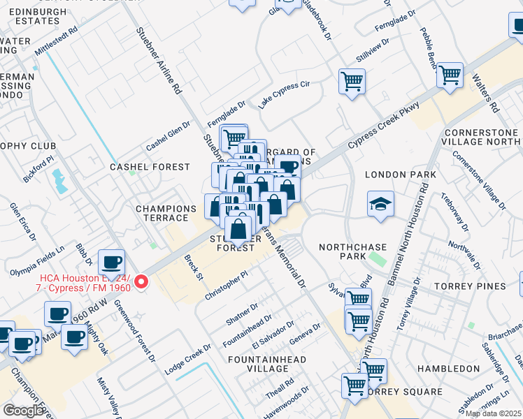 map of restaurants, bars, coffee shops, grocery stores, and more near 4485 Farm to Market 1960 in Houston