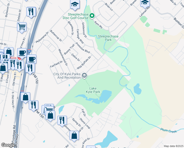 map of restaurants, bars, coffee shops, grocery stores, and more near 182 Winter Circle in Kyle