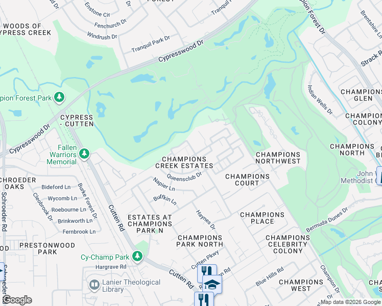 map of restaurants, bars, coffee shops, grocery stores, and more near 14415 Reissen Lane in Houston