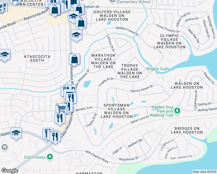 map of restaurants, bars, coffee shops, grocery stores, and more near 8015 Sports Haven Drive in Humble