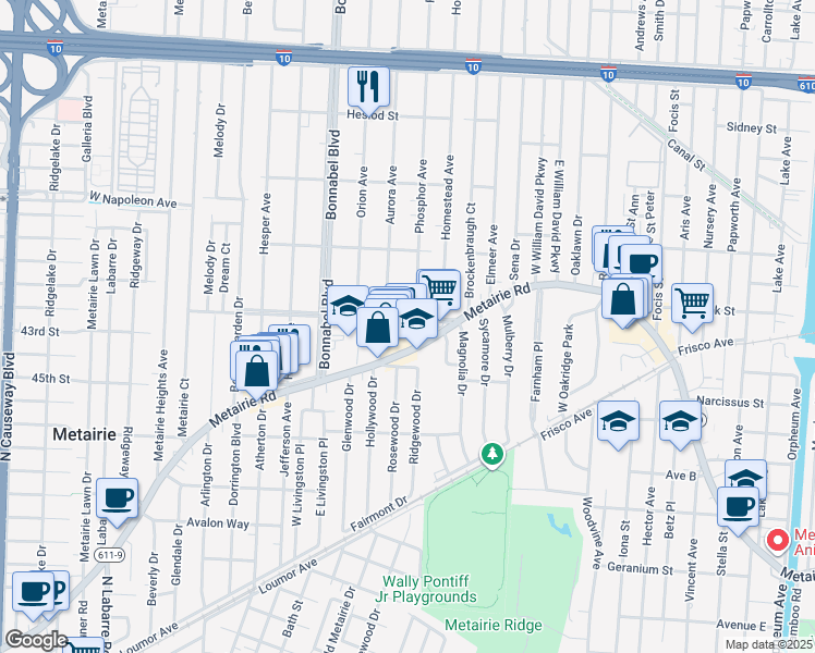 map of restaurants, bars, coffee shops, grocery stores, and more near 1503 Metairie Road in Metairie