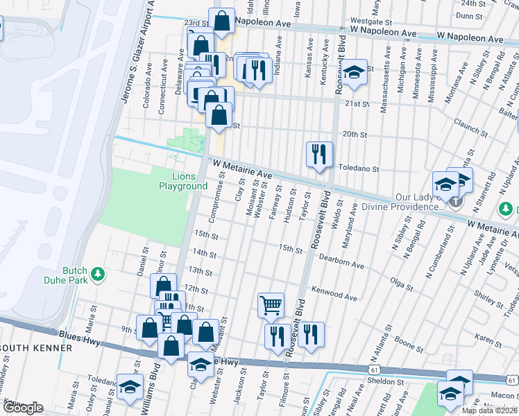 map of restaurants, bars, coffee shops, grocery stores, and more near 2301 17th Street in Kenner