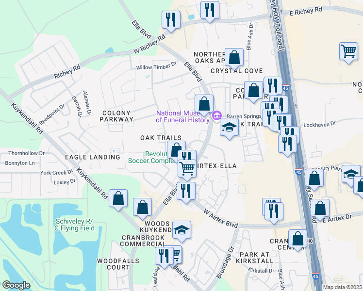 map of restaurants, bars, coffee shops, grocery stores, and more near 609 Darbydale Drive in Houston