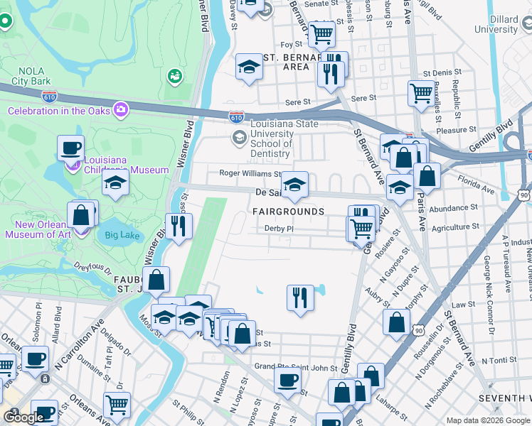 map of restaurants, bars, coffee shops, grocery stores, and more near 3714 Trafalgar Street in New Orleans