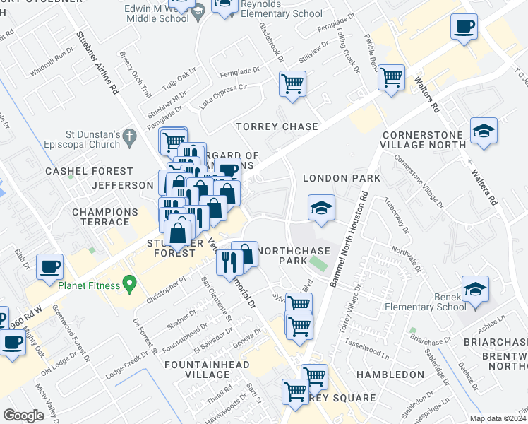 map of restaurants, bars, coffee shops, grocery stores, and more near 4522 Sylvanfield Drive in Houston